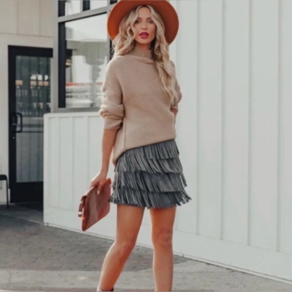 Grey Suede Fringe Skirt
